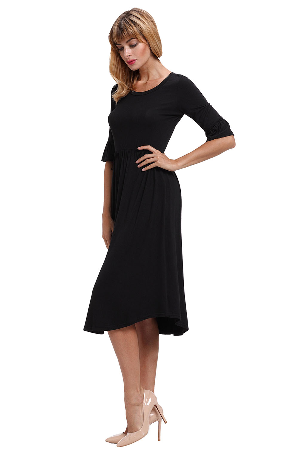 BY61652-2 Black Ruffle Sleeve Midi Jersey Dress